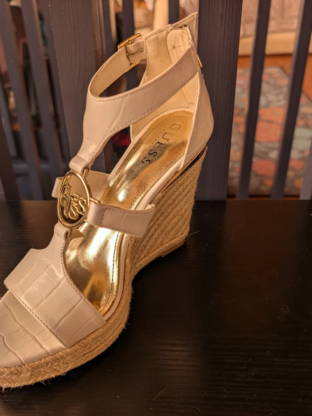 GUESS White Espadrille Wedge Sandals with Logo Accent